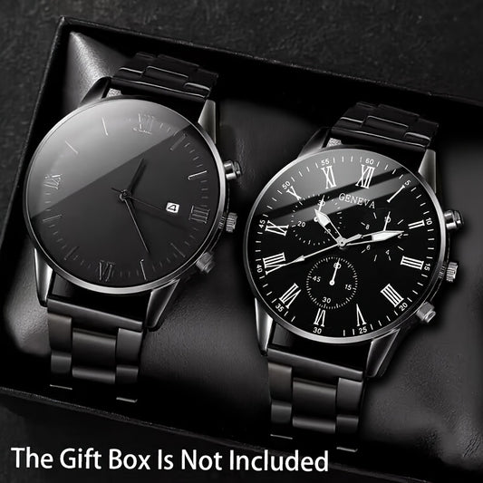 2pc Men's Fashionable Sports Watch Set, Unisex, Round Dial, Date Display, Quartz Movement, Stainless Steel Band, Zinc Alloy Case, Water Resistant, Ideal for Daily Wear, Gift for Valentine's, Easter, Halloween, Ramadan, Birthd