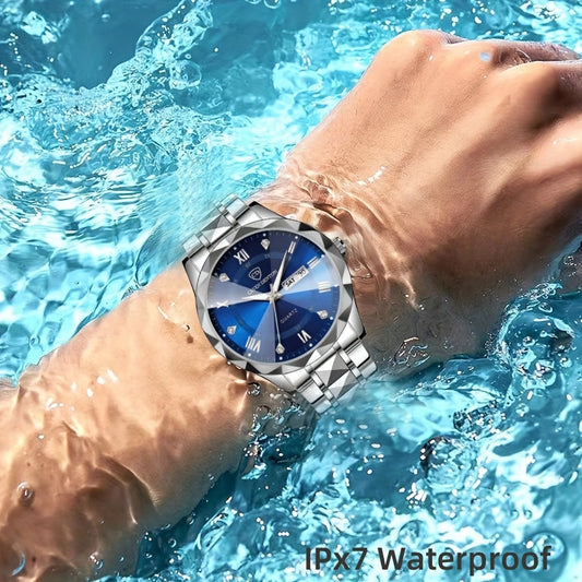 Men'S Quartz Business Watch with Rhinestone-Embellished Luminous Dial, Stainless Steel Strap & Case, Date & Day Display, IPX7 Water-Resistant - Ideal for Travel, Work, Outdoor - Perfect Gift for Birthdays, Holidays, Anniversa