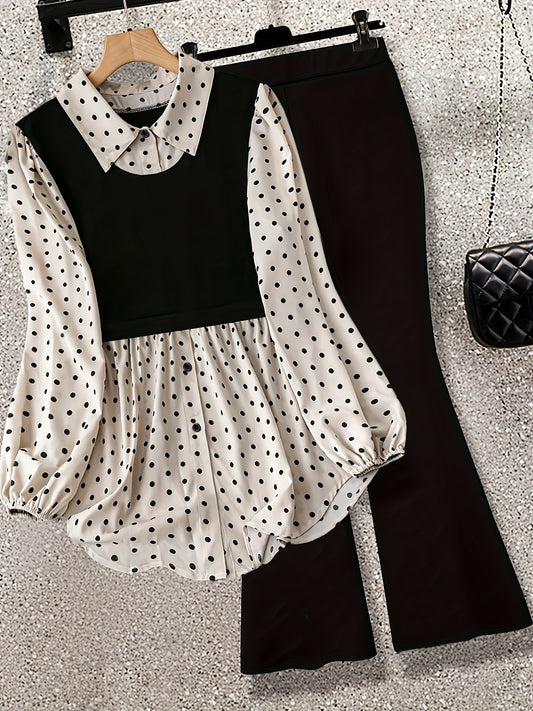 Մեծ չափս, կանացի մեծ չափսերի նորաձև աշնանային նոր ժամանած պոլկա կետերով պաչվորք երկար թևքերով վերնաշապիկ, միագույն ձգվող լեգինսների հավաքածու, հարմար է աշխատանքի, գրասենյակի, տան և զբոսանքի համար - Elegant Comfort երկկտոր հավաքածու