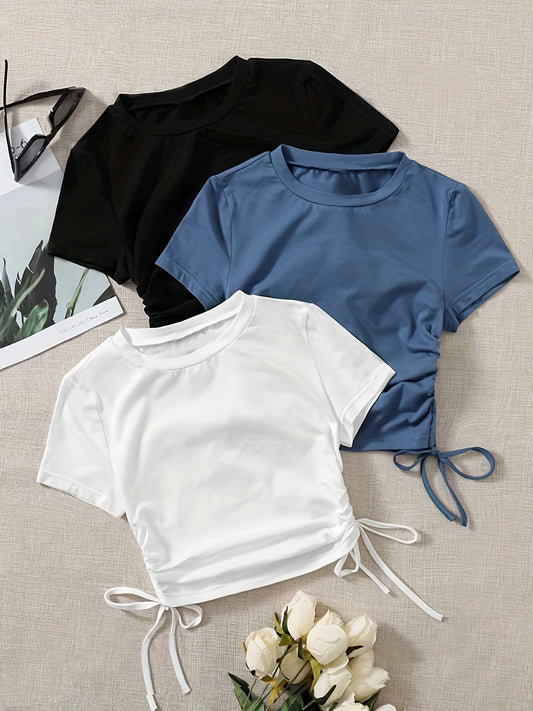 3 Pack Drawstring Crew Neck T-Shirt, Casual Short Sleeve T-Shirt For Spring & Summer, Women's Clothing - ayq