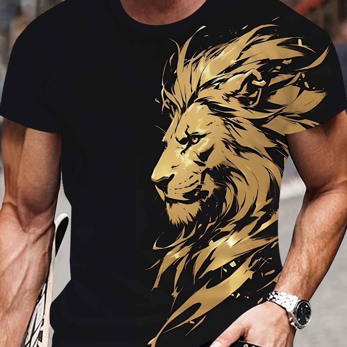 Նոր Առյուծի 3D Տպագրության Նախշ, Կարճ Թևքերով Կլոր Վզիկով Շապիկ, Տղամարդկանց Արտաքին Հագուստ