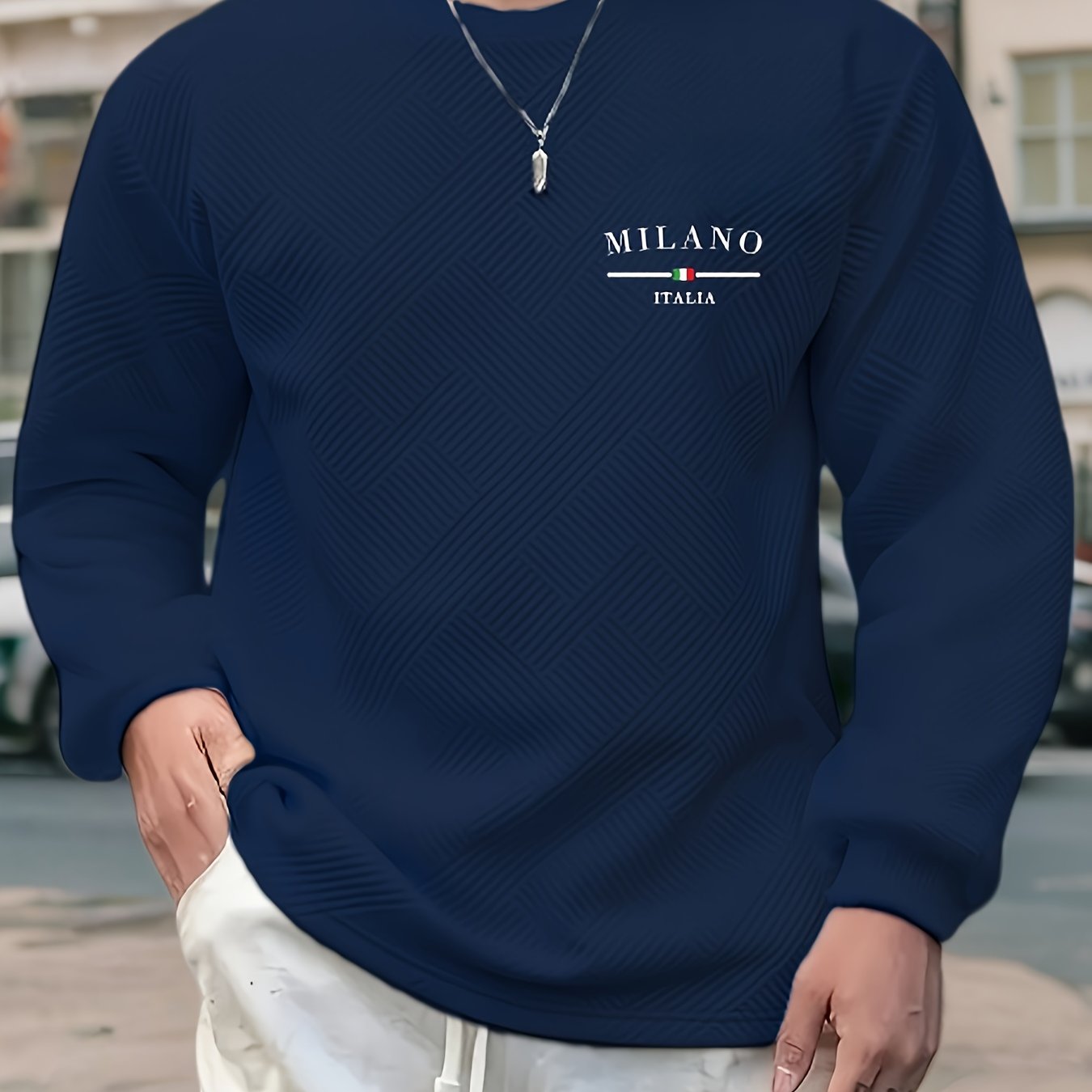 Տղամարդու առօրյա երկար թևքերով, կլոր վզնոցով սվիտեր | Ծանր երկրաչափական նախշերով, սովորական չափսերով, իդեալական է գարուն/աշուն համար