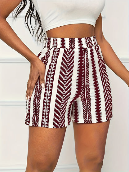 Կանացի ամառային գծավոր պրինտ շորտեր - արձակուրդային էլաստիկ գոտկատեղ, թեթև պոլիեսթեր խառնուրդ, լվացվող մեքենայով, շագանակագույն և սպիտակ, հանգստյան նորաձևություն|գծավոր ձևանմուշ|թեթև գործվածք