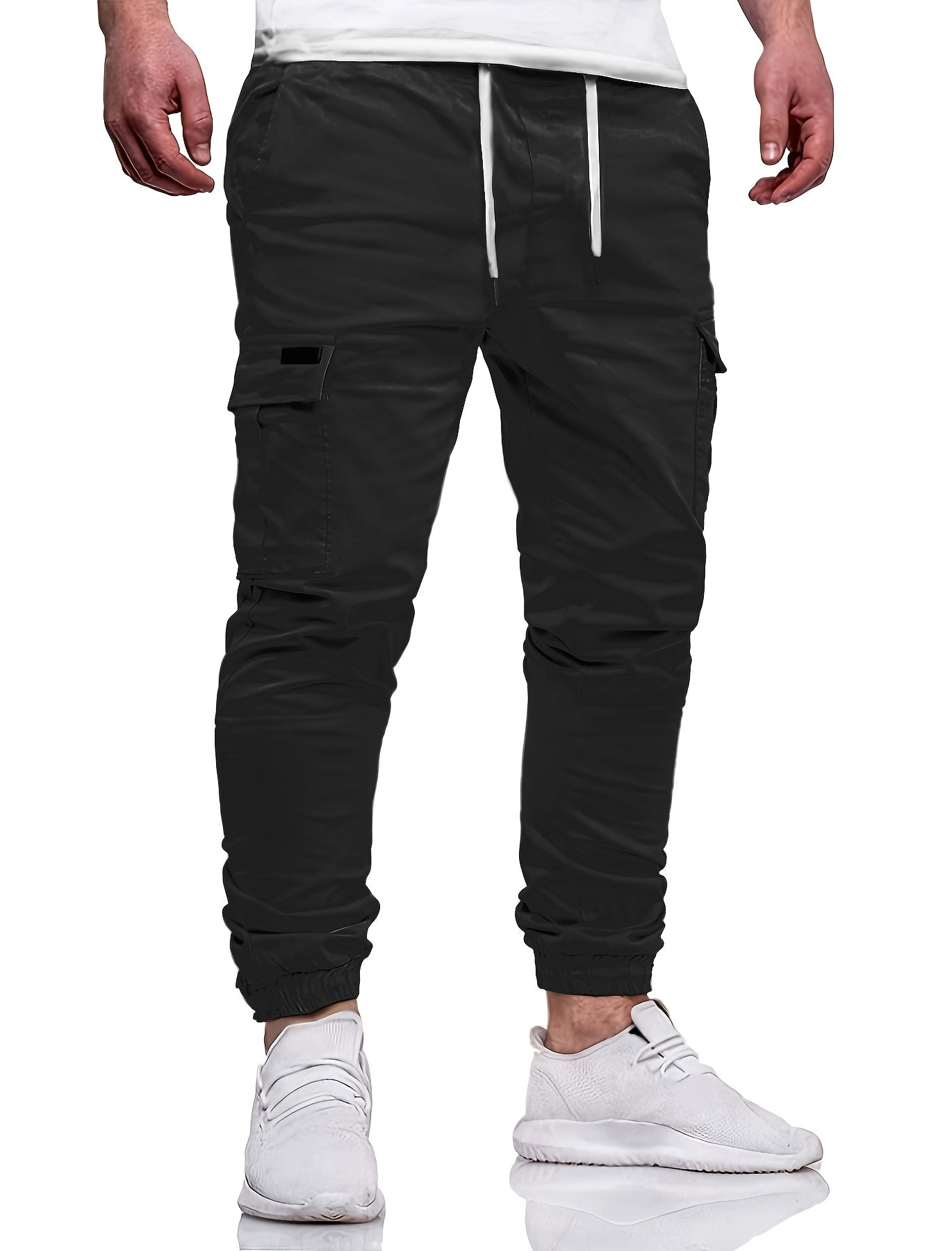 Men's Fashion, Regular Fit And Cuffed Solid Cargo Pants With Flap Pockets, Chic And Trendy Solid Drawstring Leisure Trousers For Daily Outerwear - ayq