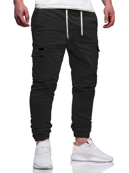 Men's Fashion, Regular Fit And Cuffed Solid Cargo Pants With Flap Pockets, Chic And Trendy Solid Drawstring Leisure Trousers For Daily Outerwear - ayq