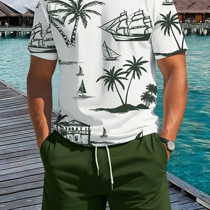 A set of 2 stylish Men's palm tree pattern summer fresh T-shirts and shorts, micro-stretch polyester knit fabric with a fitted fit, suitable for outdoor activities and family gatherings.