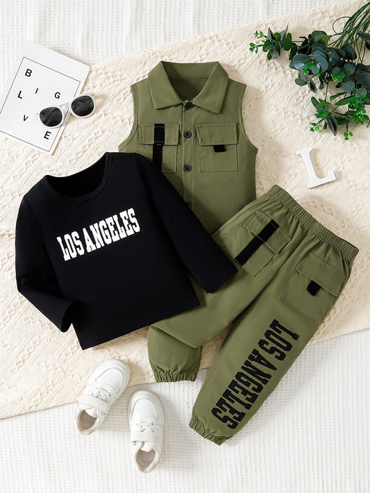 Boys' 3pcs Outfit Set - Casual Cotton Blend Knitwear with Long Sleeve Shirt, Vest, and Pants - Spring/Fall Season, Regular Fit, Lapel Collar, Button Details, Slight Stretch - Los Angeles Print, for Outdoor - Ayq