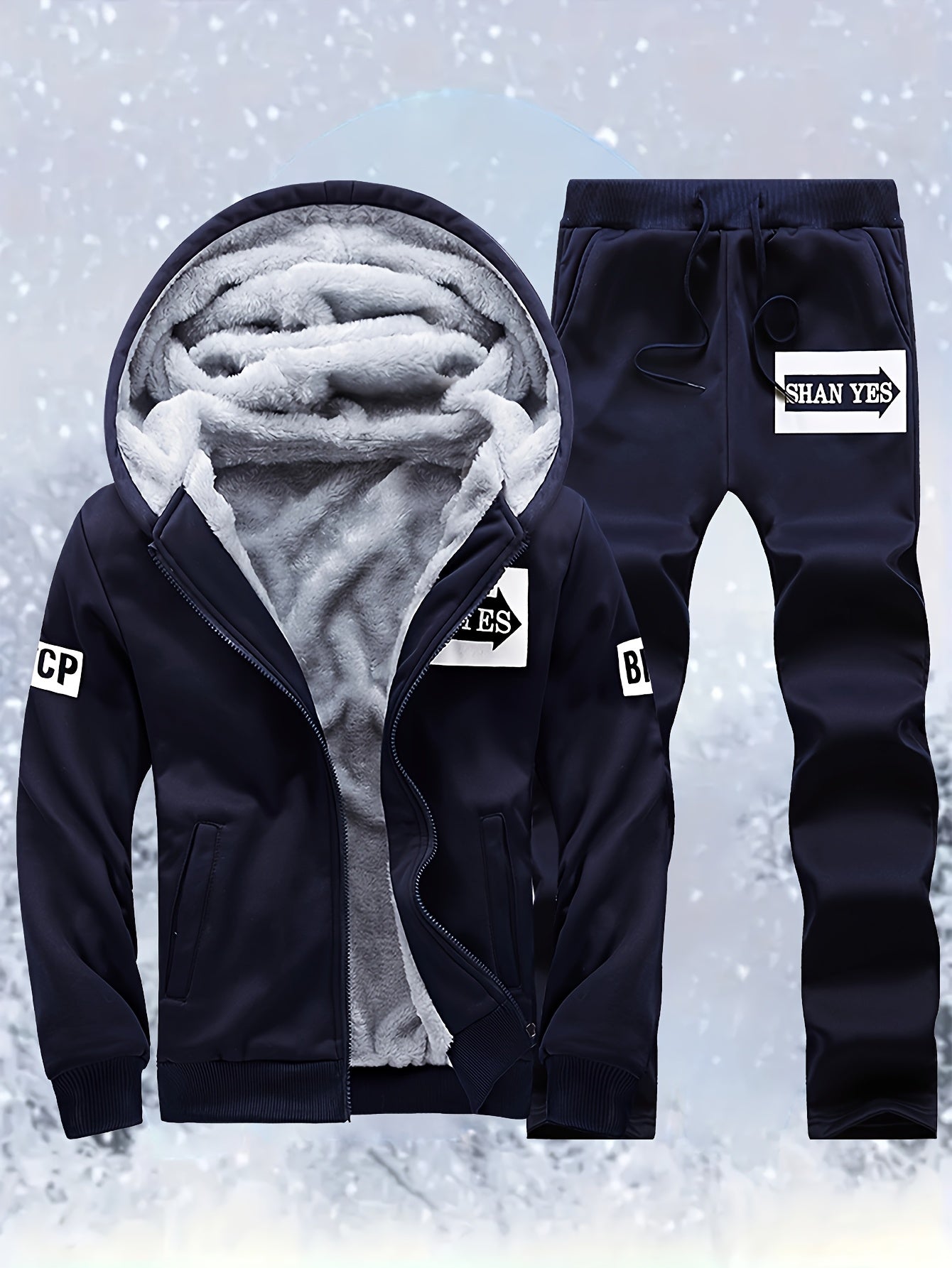 Տղամարդու «SHAN YES» այբուբենի նախշերով, խիտ աստառով, գլխարկով սվիտերի և վազքի համար նախատեսված տաք մարզական հագուստ, աշնանային և ձմեռային։