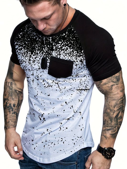 Chic Printed T-shirt, Men's Casual Street Style Stretch Round Neck Tee Shirt For Summer
