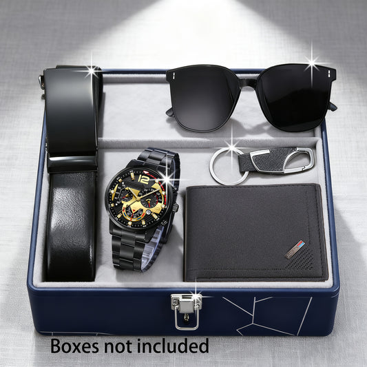 5pcs Men's Business Bundle: Quartz Watch with Belt, Wallet, Glasses & Keychain - Complete Suit for Professional, Ideal Gift for Christmas/Graduation - Matching Outfit for Work & Formal Events (-)