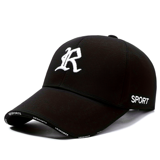"R" Embroidered Baseball Cap - Sleek Black Dad Hat with Curved Brim, Comfortable & Breathable, Ideal for Outdoor Activities, One Size Fits All