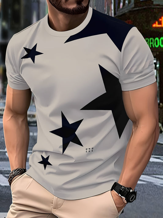 3D տպագրությամբ փողոցային ոճի գրաֆիկական մարզաշապիկ՝ կարճ թևքերով, սև-սպիտակ աստղաձև նախշերով և 19.74 մետր տպագրությամբ, թեթև պոլիեսթերի խառնուրդ՝ ամենօրյա հագուստի համար, փողոցային ոճի գրաֆիկական մարզաշապիկ՝ ձգվող գործվածքից։