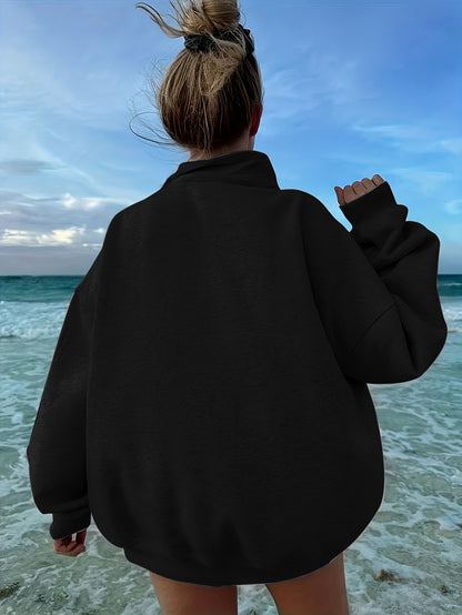 Women's Casual Heather Gray Half-Zip Sweatshirt - Soft Polyester & Elastane Blend, Long Sleeve, Stand Collar, Machine Washable - Perfect for Spring/Fall - ayq