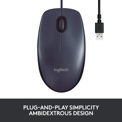 Logitech B100 Corded Mouse, Wired USB Mouse for Computers and Laptops, Right or Left Hand Use - Black