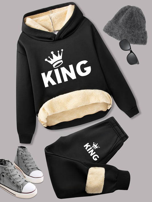 2 հատ տղաների համար նախատեսված բրդյա ծածկույթով, հաստ տաք վերնաշապիկ + տաբատ, ոճային տառերով տպագրված ձմեռային հարմարավետ սպորտային հագուստ երեխաների համար, առօրյա, հանգստի հագուստի համար, կատարյալ է, վերմակով վերնաշապիկ երեխաների համար