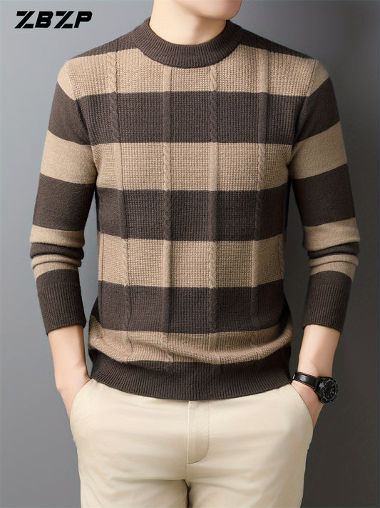 ZBZP Men'S Casual Striped Knit Sweater - Dark Gray & White Horizontal Stripes, Round Neck Long Sleeve, Regular Fit, Autumn Winter Warm Pullover for Casual Attire, Knit Sweater, Comfortable Fashion, Soft Texture, Cold Weather