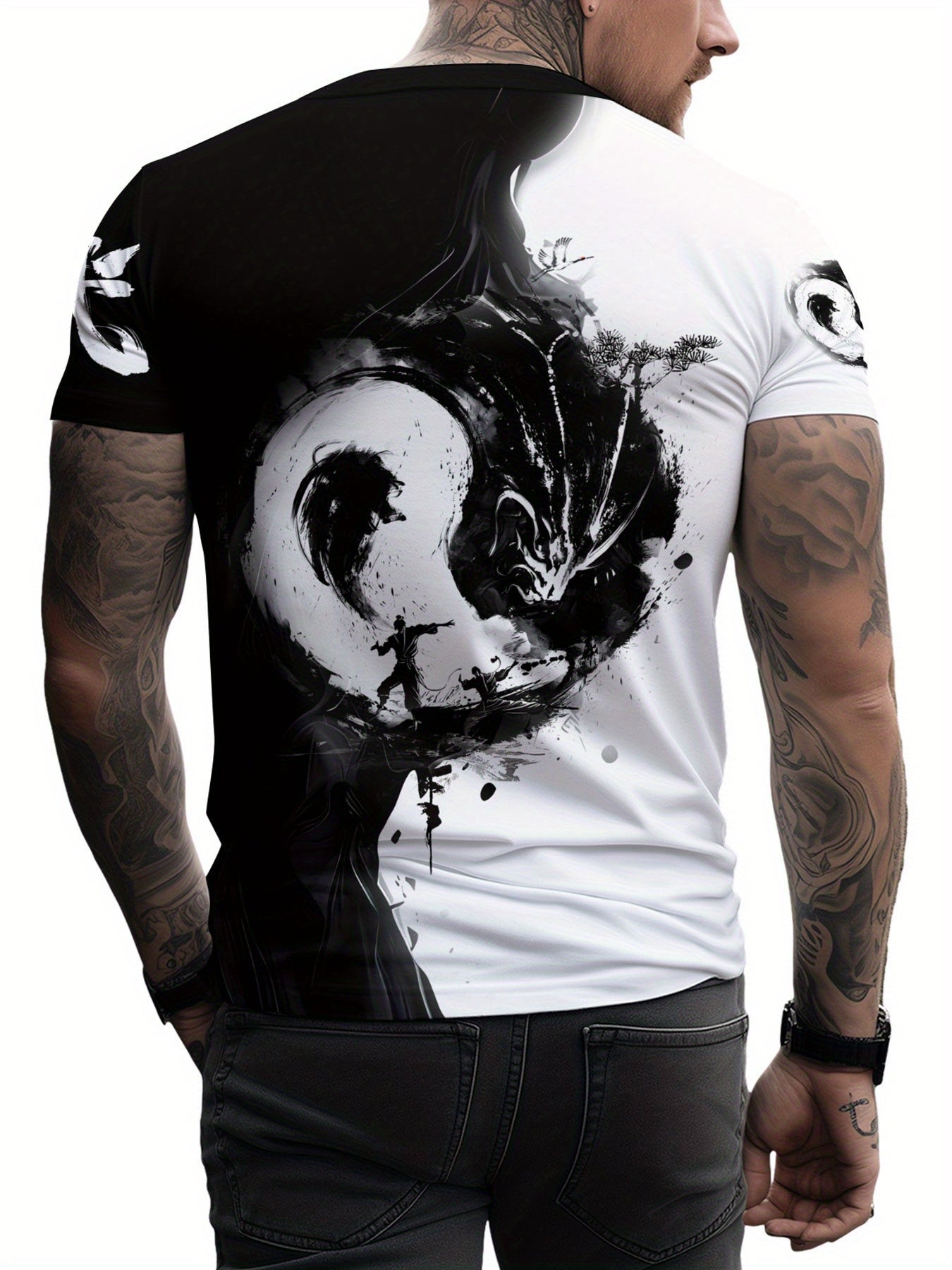 Տղամարդու Յին Յանգ 3D տպագրությամբ մարզաշապիկ՝ առօրյա, կլոր վզնոցով պոլիեսթերային մարզաշապիկ, թեթևակի ձգվող տրիկոտաժե գործվածք, սովորական չափս, 100% պոլիեսթերային մանրաթել, 100 գ/մ²