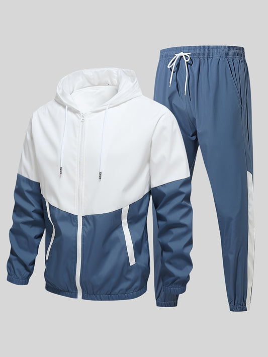 Men's Casual Sports Set, Spring/Autumn Hooded Jacket And Pants, 2-Piece Stylish Athletic Suit, Youth Fashion Trend, Color Block Design - ayq
