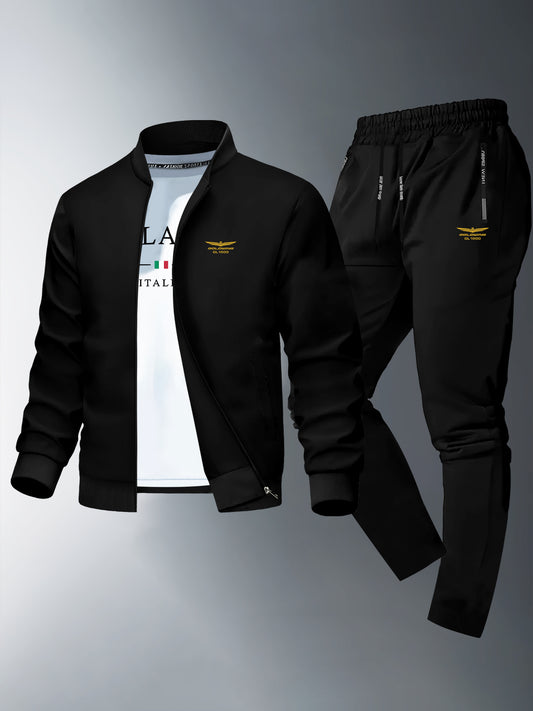 Men'S Trendy Jacket And Pants Set, 1800 Print, Casual Young Sports Suit, Skinny Fit, Zipper Detail, Long Sleeve, Slight Stretch Fabric, Collared Neck, Fall/Winter, Casual Style, Skinny Fit Jacket|Modern Casual Wear|Zippered J