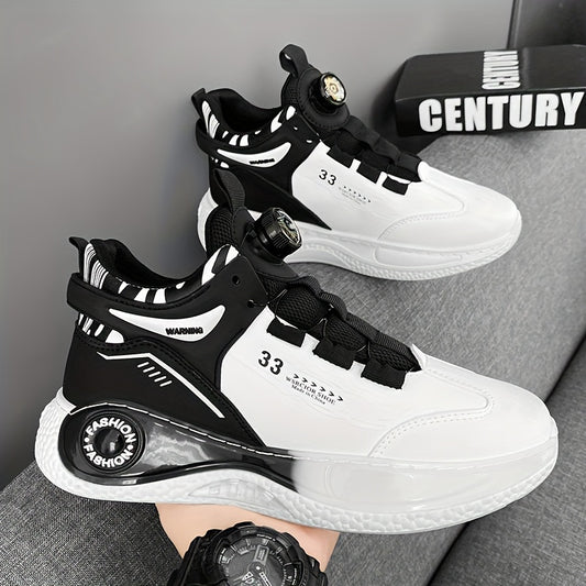 [Athletic Performance] Men's Breathable Casual Sneakers - Stylish Loafers with Rotating Buckle, Navy Blue  White Design, Comfortable PU Upper  PVC Sole for Casual Attire, Running, and Outdoor Activities