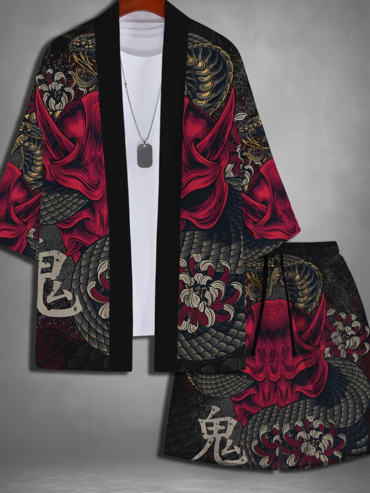 Տղամարդու առօրյա կարճ թևքերով լողափնյա հագուստի հավաքածու՝ բաց առջևով - սև և կարմիր ծաղկային նախշերով, ազատ չափսերով, չձգվող պոլիեսթեր, իդեալական է ամռան համար, լողափնյա հագուստ | Ծաղկային նախշերով շորտեր | Պոլիեսթերային գործվածք