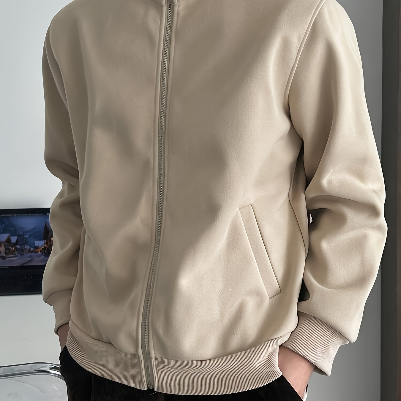 Men's Beige Jacket - Lightweight Warm Coat with Zippered Pockets, Beige Casual Outerwear for Everyday & Formal Events, Spring/Fall Layering Essential - Ideal Gift for Him, Seasonal Fashion, Sleek Silhouette, Comfortable Fit,