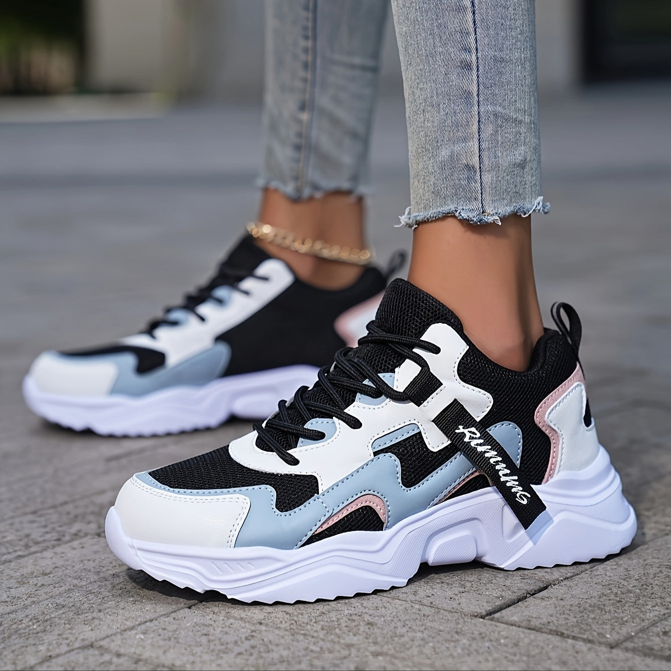 Women's Casual Color Blocking Design Non-slip And Wear Resistant Sneakers, Trendy And Comfortable, Versatile Height Increasing Thick Soled Sports Shoes