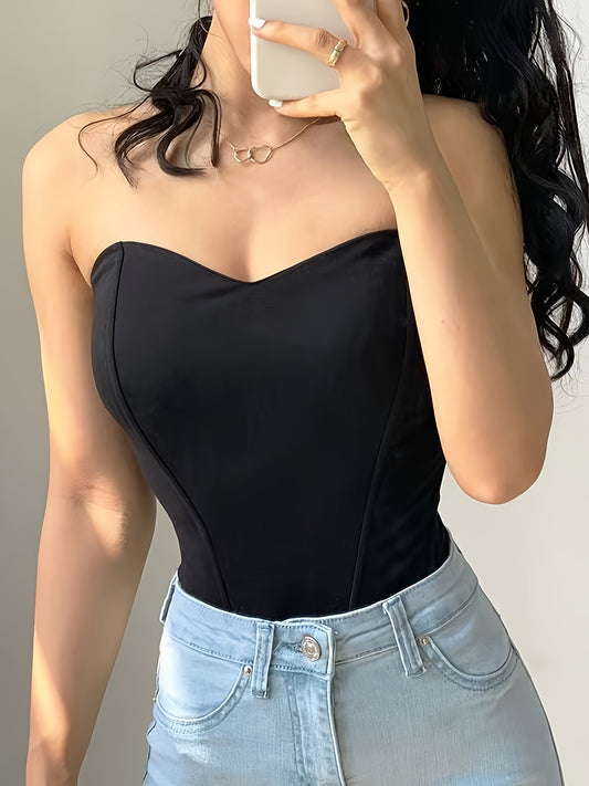 Elegant Off-Shoulder Corset Tank Top - Slim Fit, Fishbone Support, Solid Black, Stretchy Polyester Blend, Machine Washable, Women’s Fashion Essential - ayq