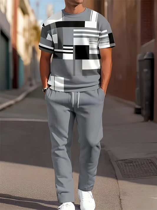 Տղամարդու առօրյա երկրաչափական սվիտեր - Սպորտային պոլիեսթերի խառնուրդ, կլոր վզնոցով, կարճ թևքերով, սովորական չափսի, բոլոր եղանակների համար նախատեսված մարզահագուստ