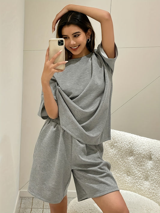 Women'S Casual Polyester Pajama Set, Solid Color Crew Neck Short Sleeve Top with Shorts, Thickened Comfort Home Wear, All Season Knit Fabric, 95% Polyester 5% Elastane, 150g/m² - Adult - ayq