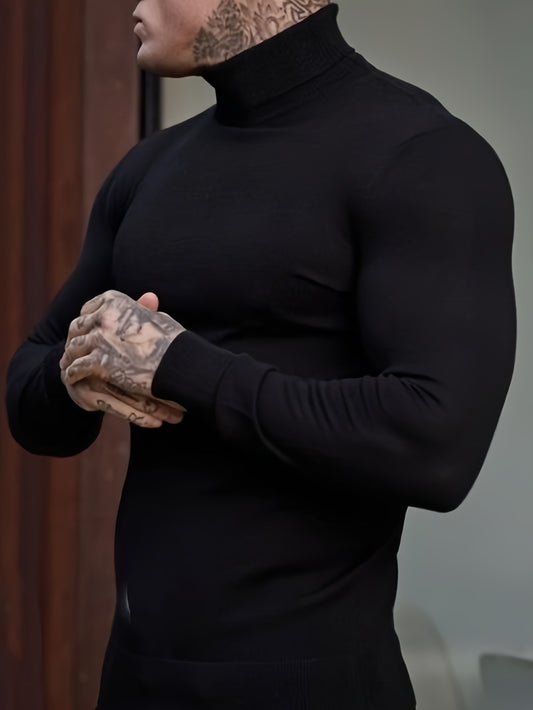 1pc Men'S Casual Polyester Knit Sweater - High Neck, Long Sleeve, Solid Color, Slight Stretch, Regular Fit for Fall/Winter - ayq