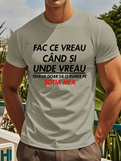 Տղամարդու կարճ թևքով ռումինական «Qitate» գրությամբ շապիկ - «Face Ce Vreau Cand Si Under Breath» տպագրությամբ, թեթև պոլիեսթերային, ամառային ամենօրյա վերնաշապիկ, կլոր վզնոցով, լվացվող մեքենայով, լվացվող մարզաշապիկ՝ թավ տեքստով, թեթև նյութով։