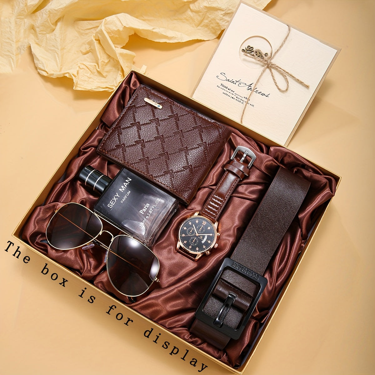 6 հատ տղամարդու գործնական ոճի դրամապանակ-ժամացույցի ժապավեն + երկարակյաց թարմ բույրով օծանելիքի բաժակներ և շնորհավորական բացիկների նվերների հավաքածու՝ կատարյալ նվեր նրա համար տարեդարձի կամ ծննդյան օրվա առթիվ