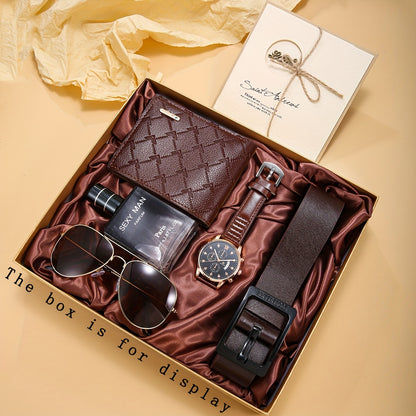 6 հատ տղամարդու գործնական ոճի դրամապանակ-ժամացույցի ժապավեն + երկարակյաց թարմ բույրով օծանելիքի բաժակներ և շնորհավորական բացիկների նվերների հավաքածու՝ կատարյալ նվեր նրա համար տարեդարձի կամ ծննդյան օրվա առթիվ