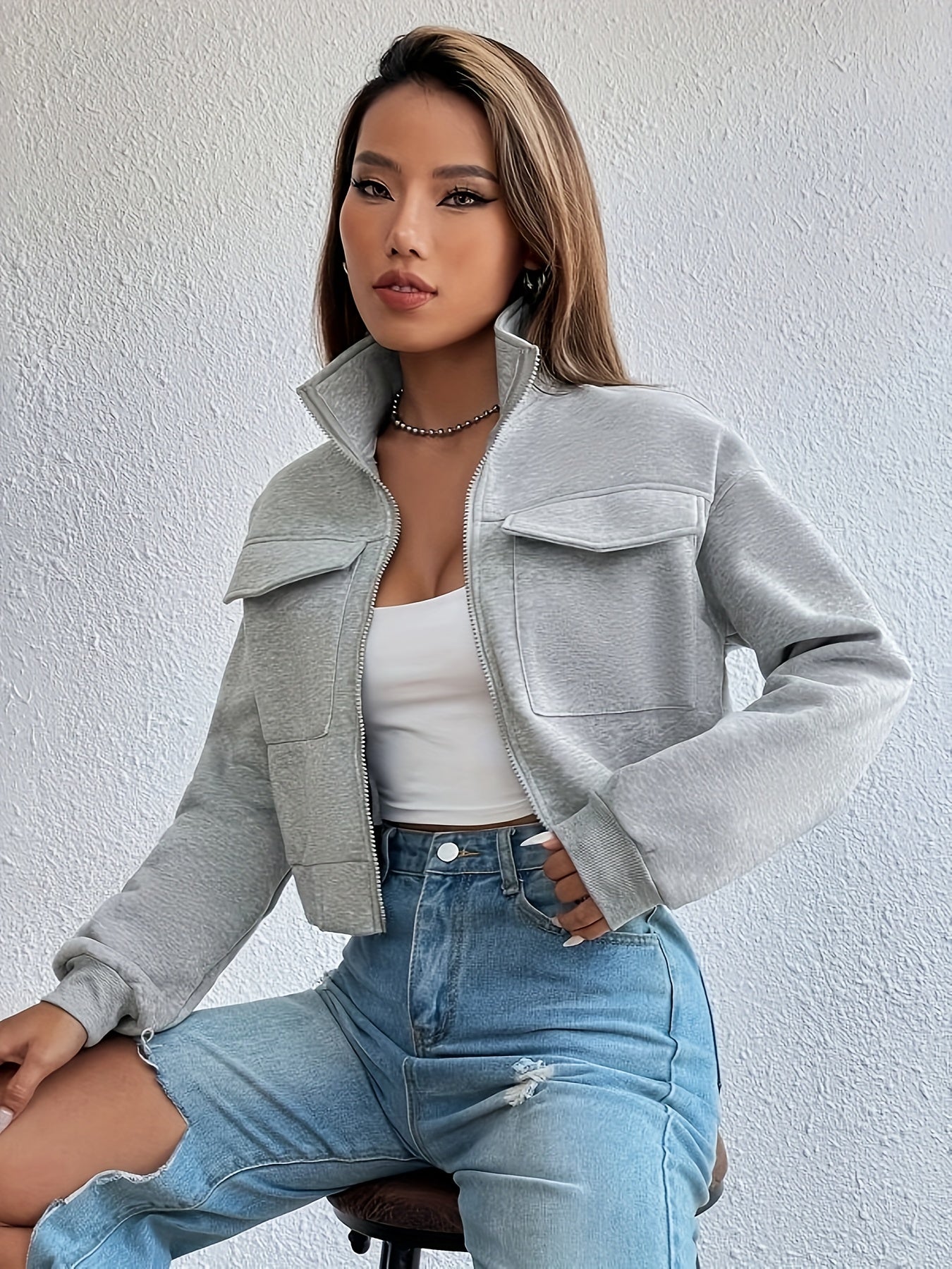 Zip Front Flap Pockets Jacket, Casual Turtleneck Crop Jacket For Fall, Women's Clothing - ayq