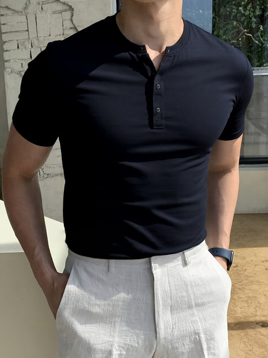 1 հատ տղամարդու գարուն-ամառ կարճ թևքերով մարզաշապիկ՝ կլոր վզով, միագույն, շնչող գործվածքով, սովորական չափսի, ամենօրյա հագուստի և թեթև մարզումների համար, գեղեցիկ ամառային վերնաշապիկներ, դասական Henley, հեշտ խնամվող նյութ, փափուկ հյուսվածքով վերնաշապիկ