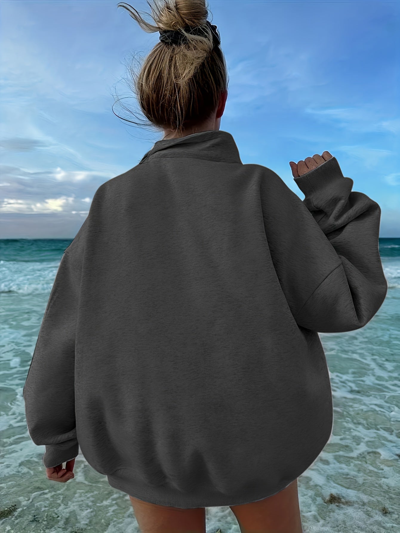 Women's Casual Heather Gray Half-Zip Sweatshirt - Soft Polyester & Elastane Blend, Long Sleeve, Stand Collar, Machine Washable - Perfect for Spring/Fall - ayq