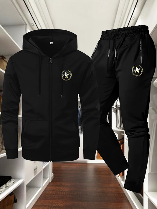 Men'S Trendy Autumn/Winter Jacket and Pants Set, JSP Print, Casual Young Sports Suit, Slim Fit, Long Sleeve, Zip-Up Hoodie with Pockets, Solid Color, Polyester, Casual Wear|JSP Print Jacket|Zippered Jacket, Autumn Clothin