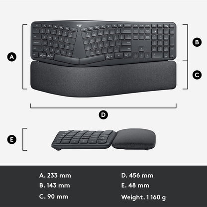 Logitech ERGO K860 Wireless Ergonomic Keyboard - Split Keyboard, Wrist Rest, Natural Typing, Stain-Resistant Fabric, Bluetooth and USB Connectivity, Compatible with Windows/Mac, Black
