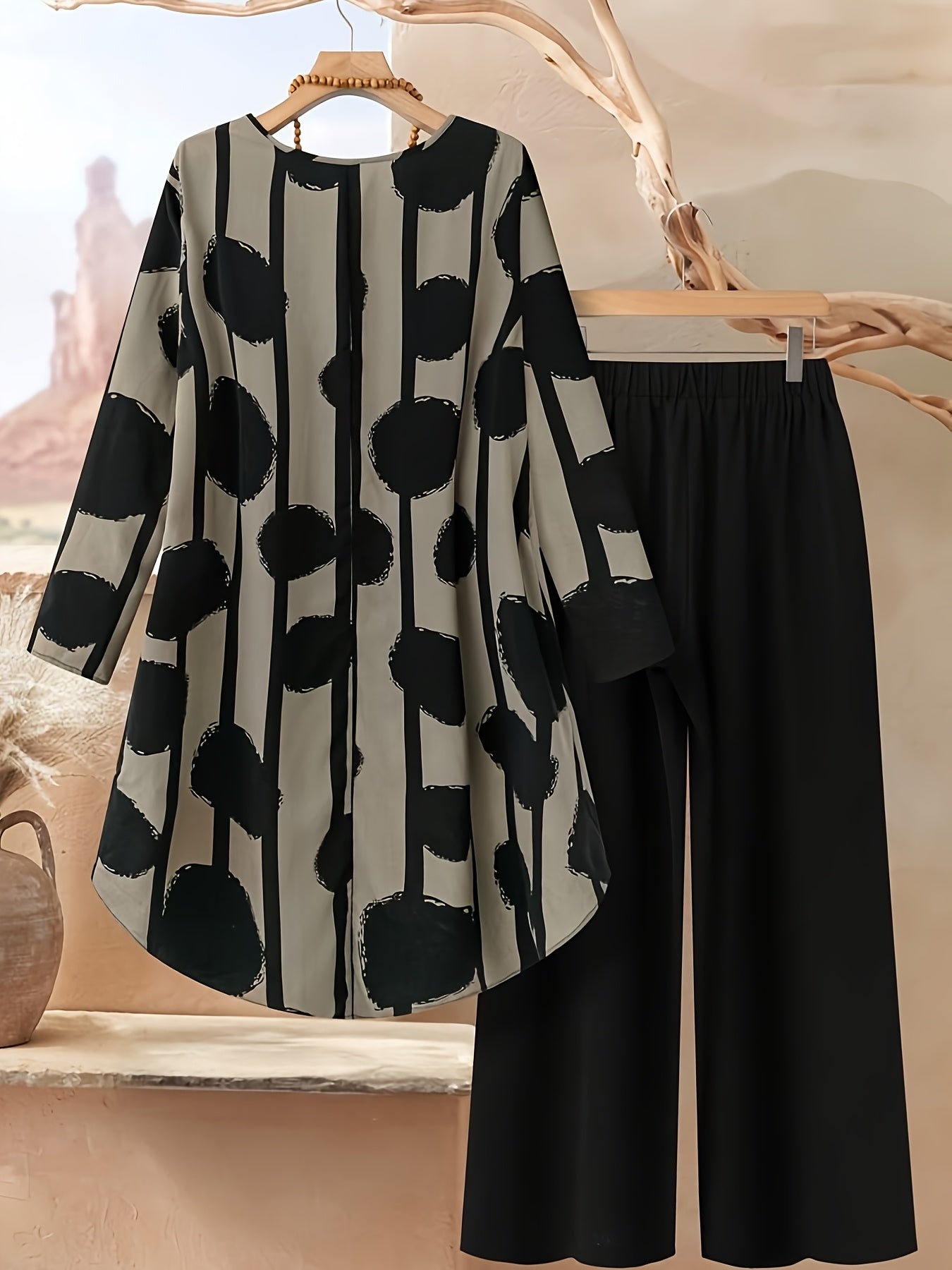 Կանացի երկկտոր հավաքածու՝ երկրաչափական նախշերով, կլոր վզով, երկար թևքերով, ազատ եզրով առջևի կարճ վերնաշապիկով և տաբատով, առօրյա ոճի, ամառային/աշնանային հագուստ, միջին երկարության վերնաշապիկներ, միագույն տաբատ, երկար թևքերով հագուստ