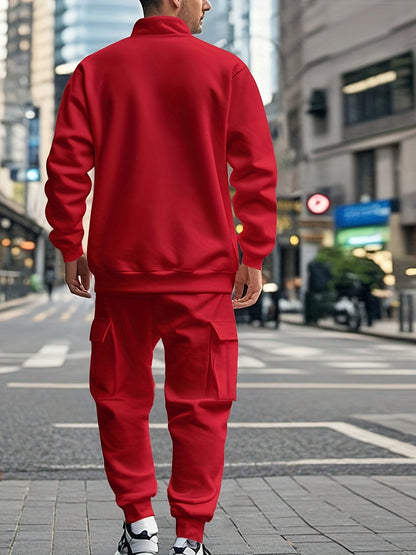 Բազմակողմանի համույթ, տղամարդկանց համար նախատեսված առօրյա 2 հատանոց հավաքածու. Բարձր վզնոցով ծանր, կայծակաճարմանդով սվիտեր և գրպաններով աշխատանքային տաբատ՝ միագույն, փափուկ գործվածքից՝ աշուն/ձմեռ համար