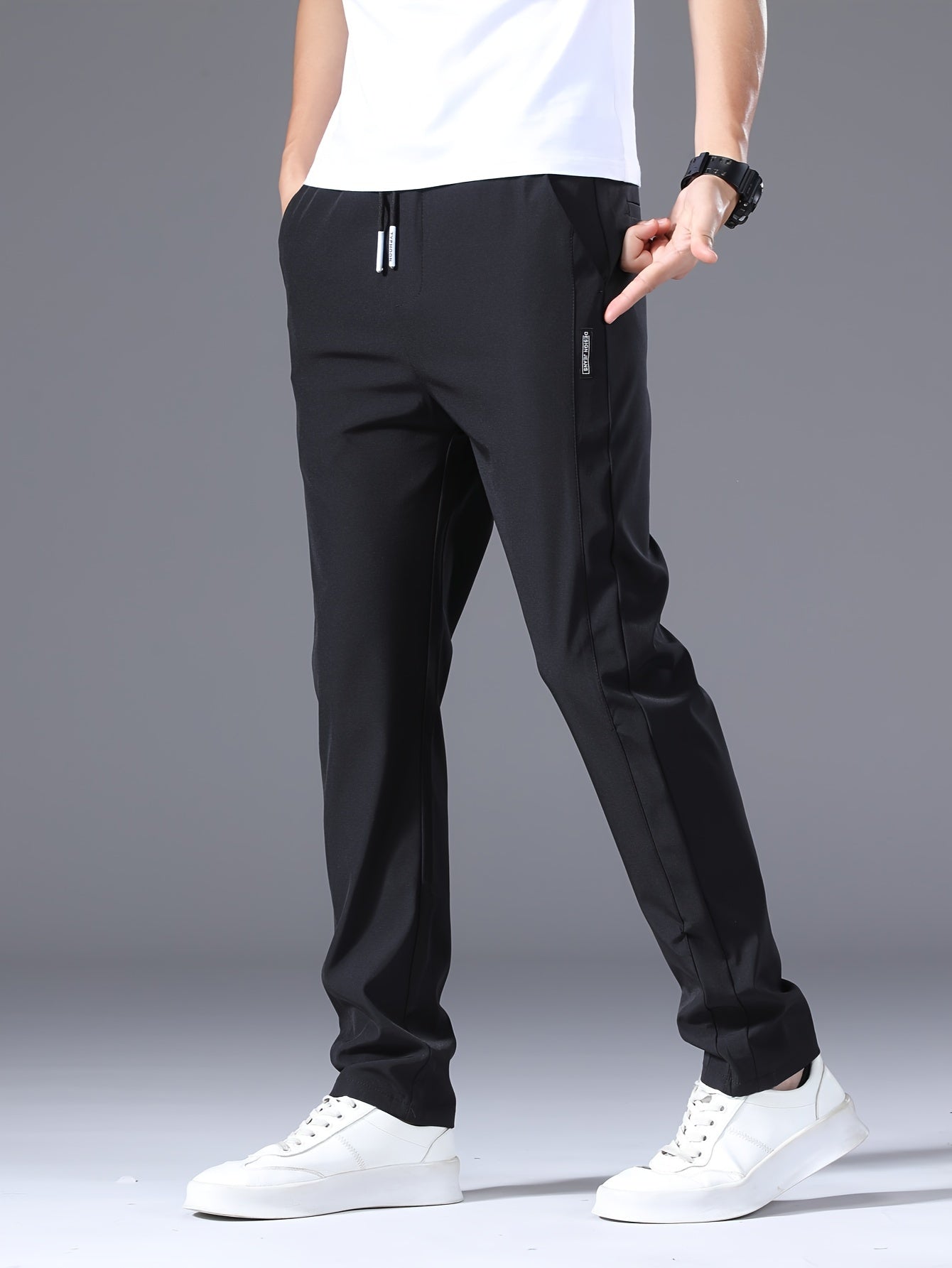 Men's Slim Fit Casual Drawstring Sports Pants, Summer Lightweight Trendy Elastic Quick-Dry Long Trousers, Stylish Comfortable Leisure Wear