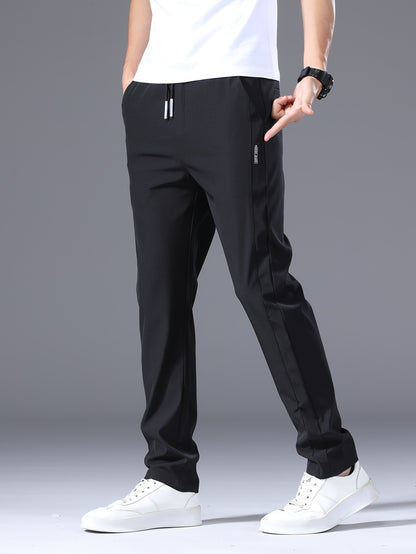 Men's Slim Fit Casual Drawstring Sports Pants, Summer Lightweight Trendy Elastic Quick-Dry Long Trousers, Stylish Comfortable Leisure Wear