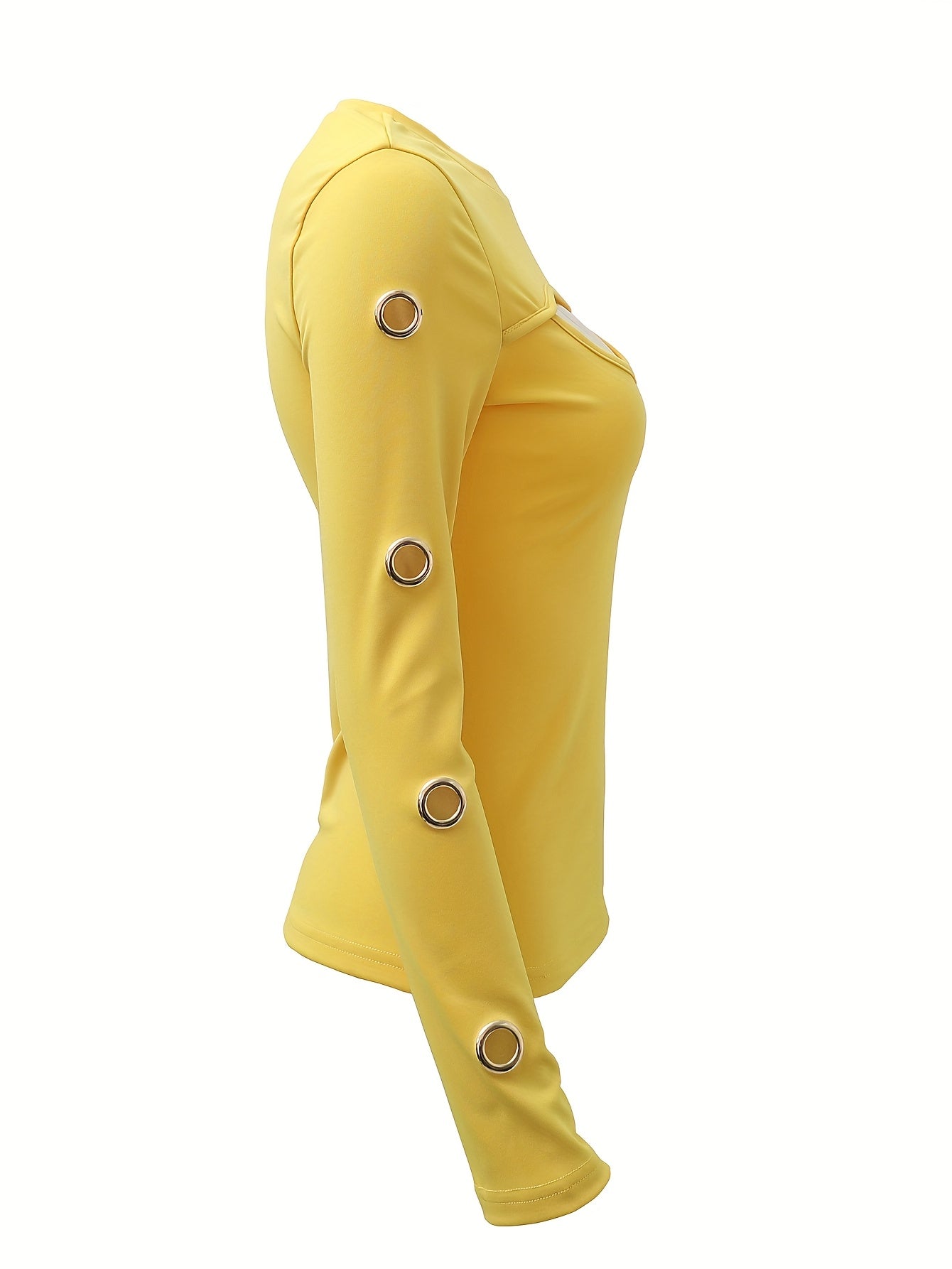 Women's Elegant Black Long Sleeve T-Shirt with Golden-Tone Circular Buttons - Round Neck Medium Stretch Top for Spring & Fall, Solid Color Regular Fit Casual to Semi-Formal Wear, Transitional Season Clothing, Sophisticated Bu