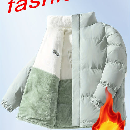 Men'S Double-Sided Fleece-Lined Thickened Jacket - Casual Stand Collar with Letter Print, Regular Fit, Pockets, Polyester Fill, Versatile for Fall/Winter, Winter Jacket