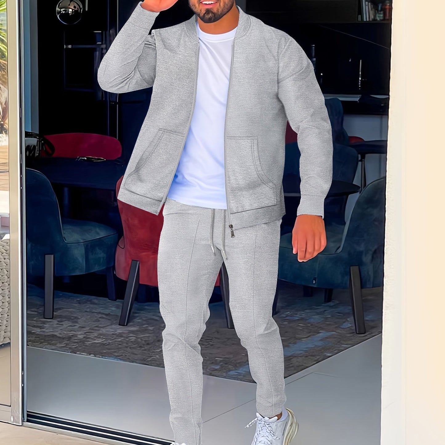 Բեյսբոլի օձիքով բաճկոնի և տաբատի հավաքածու՝ վաֆլի գործվածքից