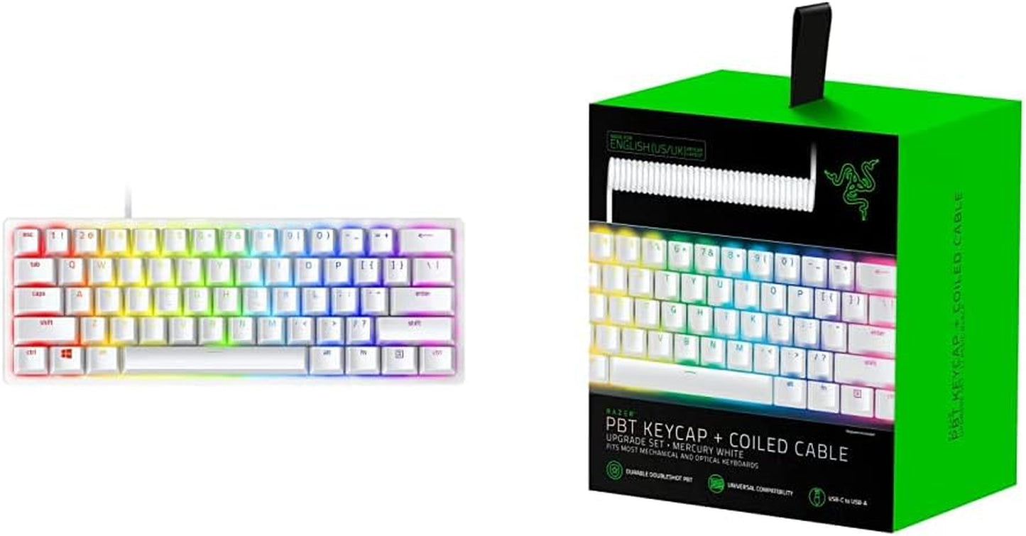 Razer Huntsman Mini 60% Gaming Keyboard + PBT Keycap + Coiled Cable Upgrade Set Bundle: Mercury White/Clicky Optical - Quartz Pink