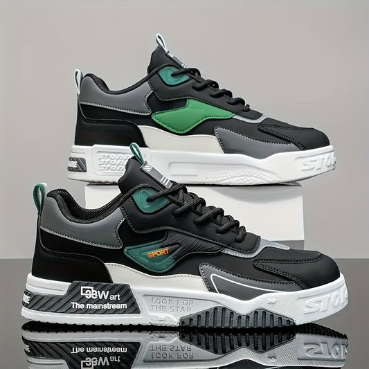 Men's Low-Top Skate Sneakers - Black with Teal Accents, PU Upper  PVC Sole, Slip-Resistant Comfortable Lace-Up Shoes for Urban Streetwear, Outdoor Sports, All-Season Casual Wear, Skate Shoes, Modern Street Style, Durable Fab