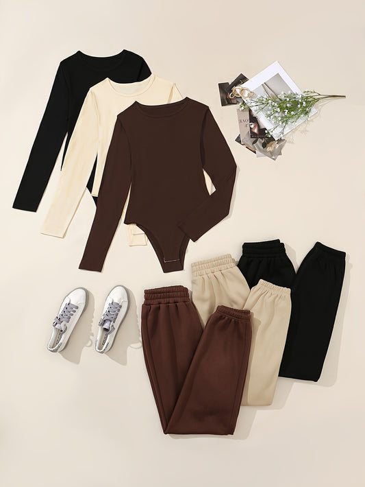 6pcs Casual Solid Color Polyester Knit Bodysuits and Sweatpants Set with Crew Neck - Stretch-Fit Comfort for All Seasons - ayq