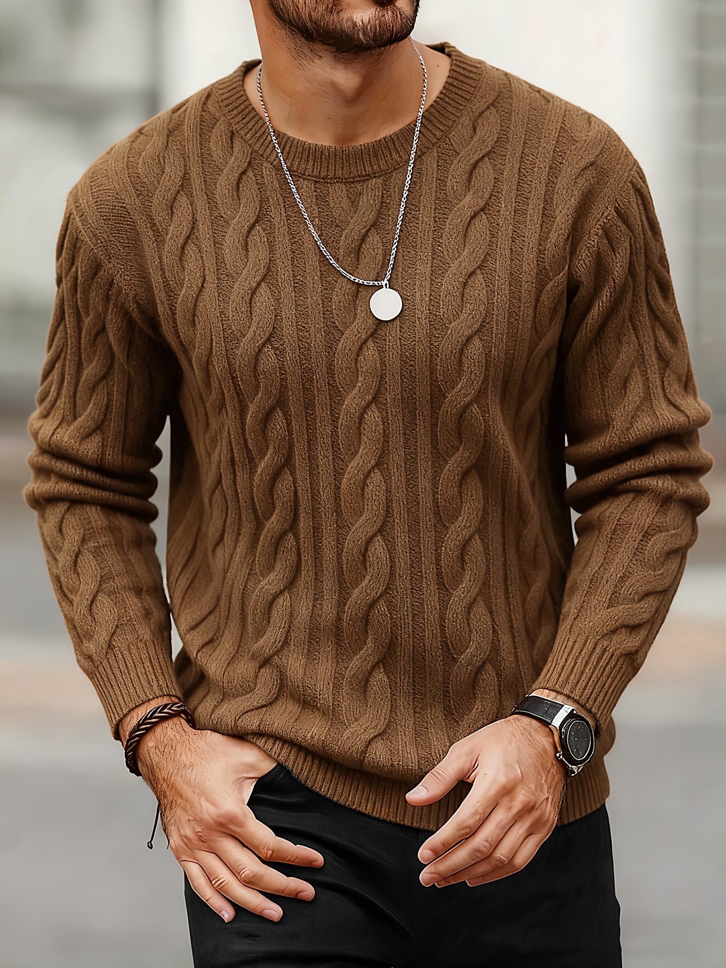 New Autumn-Winter Men's Casual Commuter Solid Color Crew Neck Knit Pullover